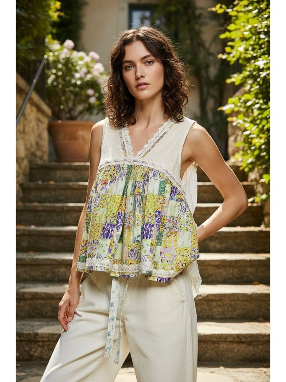 POL Lace Retro Floral Patchwork V-Neck Sheer Back High-Low Hem Cotton Tank Top